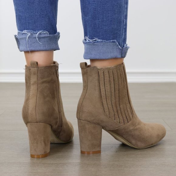 Vegan Suede Taupe Block Heel Ankle Bootie - Picture 6 of 6